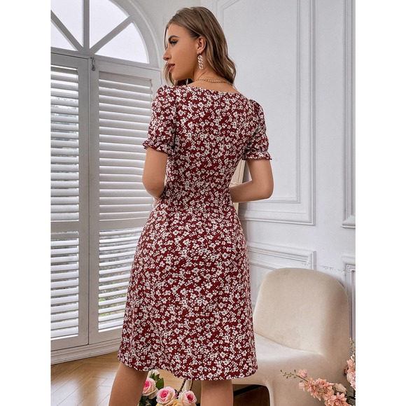 preppy Floral Print Puff Sleeve Split Thigh mini Dress - Picture 9 of 11